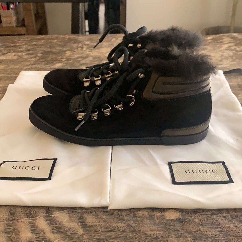 Gucci Suede Faux Fur Trim Lace-Up Sneakers Boots